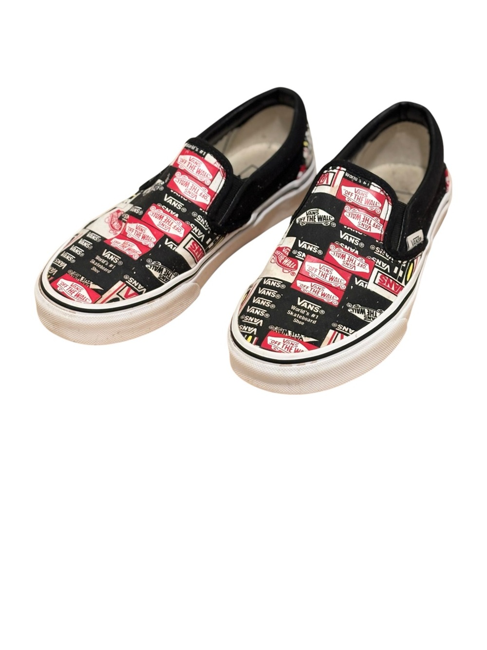 Unisex Vans Slip-On Sneakers with Black Canvas and Red Logo. Women’s Size 6
